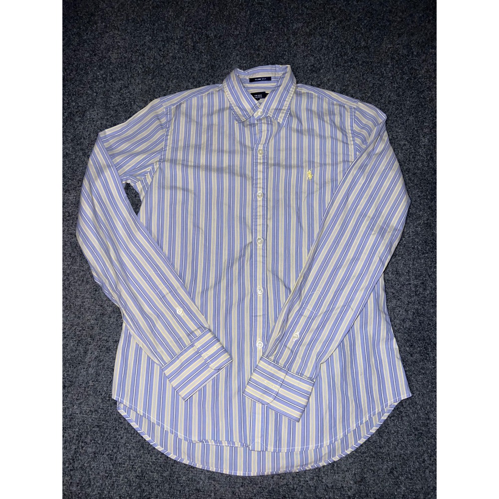 Ralph Lauren Sport Womens Size 6 Slim Fit Striped Button Down Shirt Blue Yellow